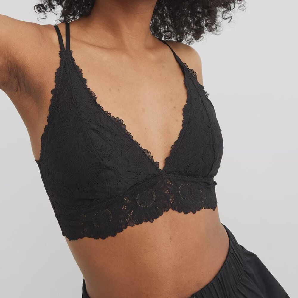 Aerie Anytime Sunflower Lace Plunge Bralette Women's XXS Black Adjustable Sexy